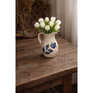 Vintage Stoneware Pitcher with Blue Leaf Design – Rustic Farmhouse.